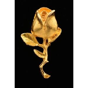 DFA Vintage Rose Pin Brooch Signed Brushed Gold Long Stem Rosebud Signed Bin5A